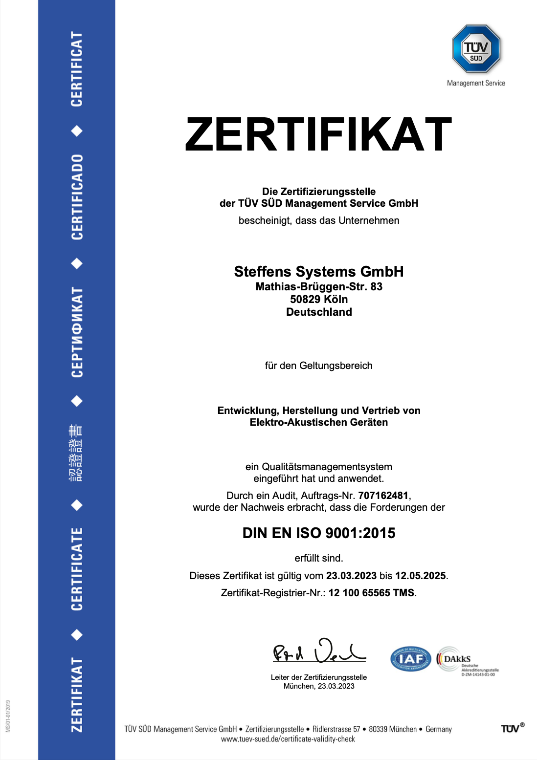 TÜV Süd ISO 9001 Zertifizierung