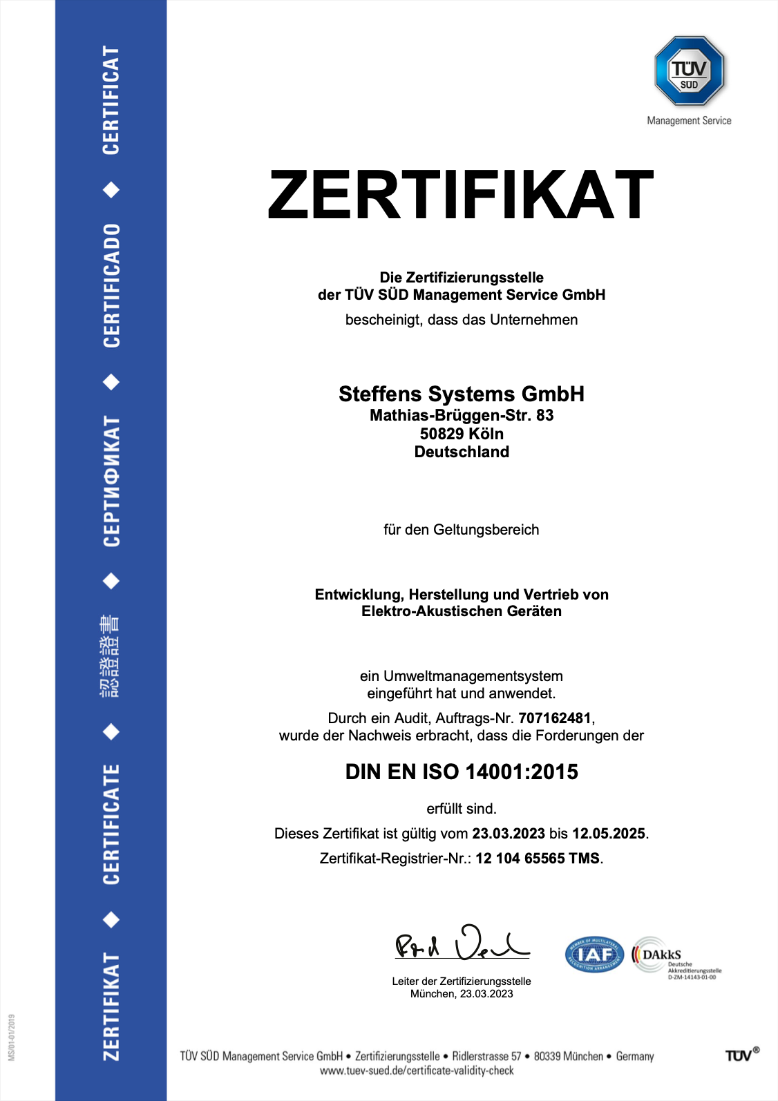 TÜV Süd ISO 14001 Zertifizierung